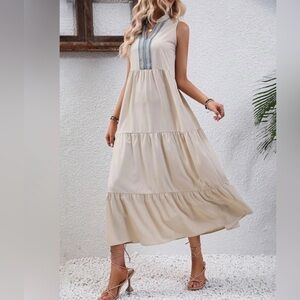 SHEIN Tan Tiered Maxi Dress With V-Neck Embroidered Detail. Size L